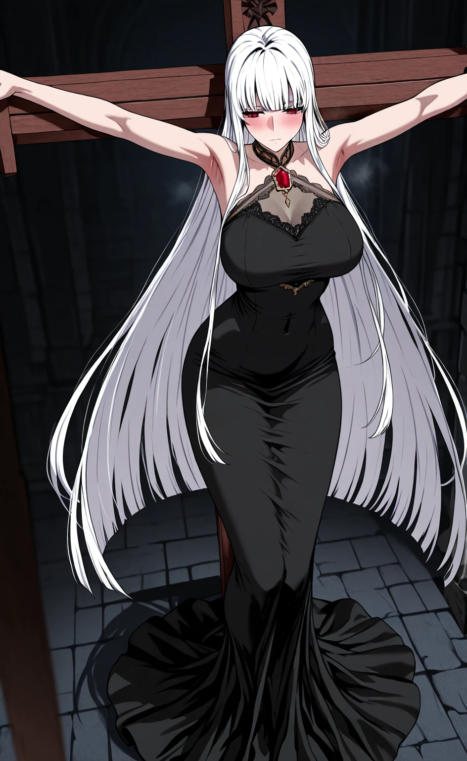 carmilla medium breasts, black dress. by white, beautiful face, blue eyes, (Masterpiece:1.2), Best Quality, absurdities, high resolution, extremely detailed wallpaper, perfect lighting, from below, Blue eyes, castillo, View of the castle, outside, outside, de evening, evening, at evening,