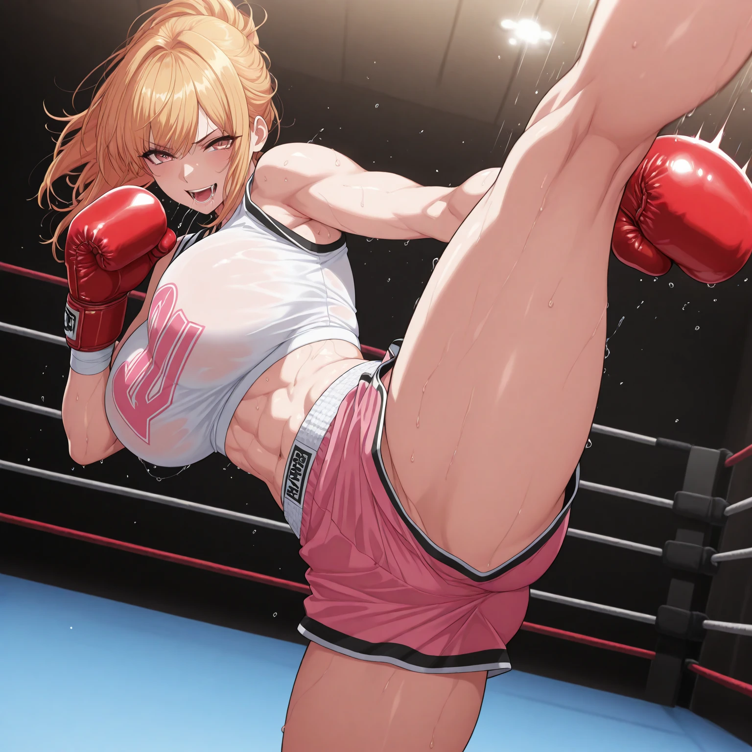 Crotch bite、Digging into the crotch、,((blonde hair, tanned, ))、wet legs、Ponytail Mai Shiranui, 、、Escape to, score_9, score_8_upper, score_7_upper, score_6_upper, score_5_upper, score_4_upper、Inspired by Japanese manga style, Manga style, How to draw manga, Digital drawing, An 8K masterpiece depicting a Japanese manga about girls in their twenties, Act as a slave,, . , shortness of breath, , close your eyes, , Sweaty. . My open fingers are rough. whole body. . Six Pack Abs. . information. Surrounded by a crowd.full body、drunk、,,,,,,,,,One beautiful girl wrestler , red sports bra, red short spats, black wrestling shoes)

A beautiful girl pro-wrestler is in the ring and is performing a dropkick on her opponent. The opposing female wrestler is blown away by the flying kick.
