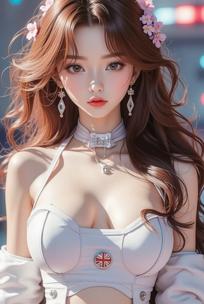 (8k, RAW photo, photorealistic:1.25) ,long red hair, ( lip gloss, eyelashes, glossy side, shiny skin, best quality, ultra-high resolution, depth of field, chromatic aberration, caustics, wide light, natural shadow, Kpop idol) Watch the audience with serenity and goddess-like happiness,