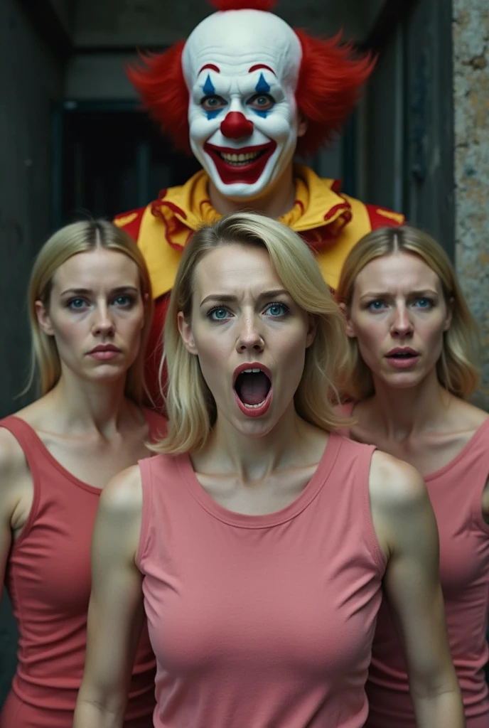 A woman with short blonde haire. She has an hourglass figure, massive breasts. ,Wide hips (implants), Prominent buttocks (implants). She's fully clothed, not naked or topless. For the special horror night at the cinema, the female star decided to dress up as an evil clown. She wore a colorful jumpsuit, with bright patterns of red, black and white, but with a torn and worn style that gave her a sinister look. Her face is exaggeratedly made-up: an overly wide smile painted red, white cheeks and eyes surrounded by black, creating a striking contrast. Amidst the spectators, she stands in the aisle, waiting for the right moment to make her appearance. The lights dim, and an atmosphere of suspense fills the room. When the film reaches a key moment, she takes a step forward, balancing a fake ball in her hands, before dropping it with a thud. At this point, she emerges, assuming a menacing pose, and lets out a devilish laugh. The audience, startled at first, reacts with shrieks and nervous laughter, captivated by her disquieting performance. Her playful yet terrifying evil clown disguise transforms this movie night into a memorable and amusing experience for all present.