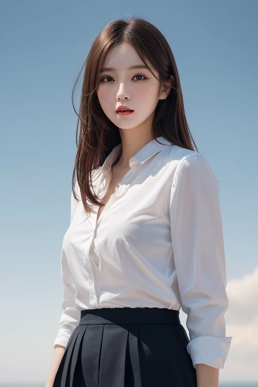 ((Best Quality, 8K, Masterpiece:1.3)),Ultra Detailed, High Resolution, (Photorealistic, Photorealistic:1.4), 8K, Original Photo, (Masterpiece), (Best Quality), Physically Based Rendering, College Girl, Long Brown Hair, Korea, (Beach 1.3), Look, Stockings, unbuttoned_white_shirt,