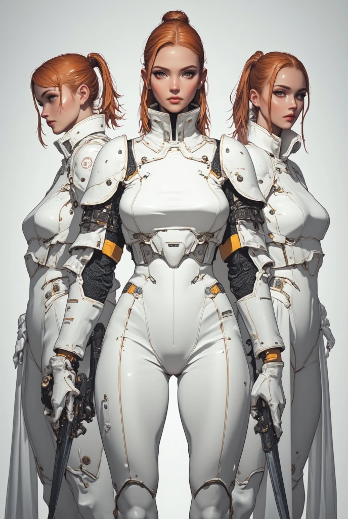 extremely clear 8K wallpaper, extremely delicate and detailed face, absurdres, masterpiece, full body, An android girl with a wasp motif, a helmet and flight suit intricately designed in fluorescent yellow and matte black, the helmet is designed to cover everything from her head to her nose, and her mouth has a sinister smile. , It has a huge needle part on its hip, which shows its high fighting ability., splatter ground, standing with hand on hip,