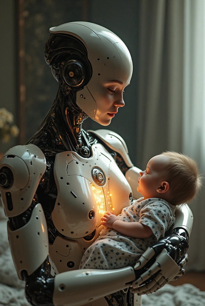 mommy robot wearing hijab, big breasts, white body, robot arms, playing with age boy on the bedroom and wearing glove latex