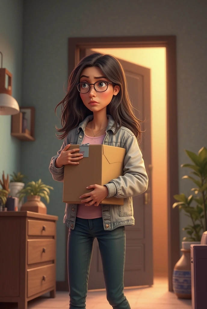 a  fair skinned and light freckles on her face wavy brown hair, eyes browns, with a lilac t-shirt with an alarm clock on the front with pastel yellow and green colors, with a round glasses, fine and golden,  with both hands open and fingers separated as if moving them, The adidas style pants are also purple and the sneakers are white, she is smiling pixar animation