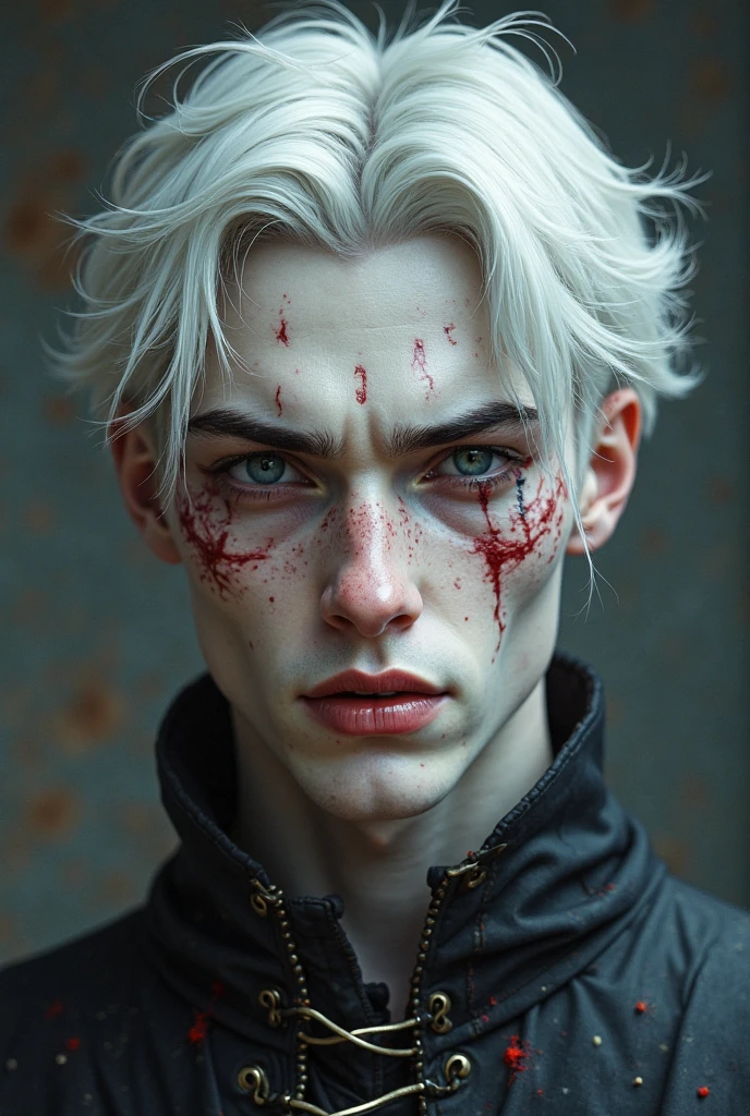 young man 19 years, ((best quality)), ((​masterpiece)), (detailed), (Full body), perfect face, a beautiful and sexy demon, he has white hair and sky blue eyes, his teeth are sharp and pointed. His hands are stained with blood.