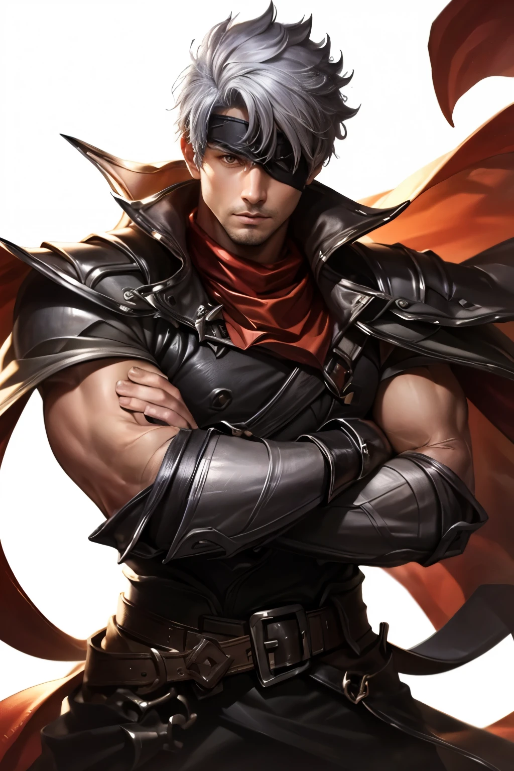 book cover, artistic image, handsome man, dark hair, very short hair, ((crew cut: 1)), purple eyes, light skin, ((muscular: 1)), man, 28 years old, muscular, in good shape form. golden details, brown leather shawl, baggy gray pants, brown belts, black boots, black gloves, many belts, Necromancer, ppder of souls, power of bones, black magic, skeletons
