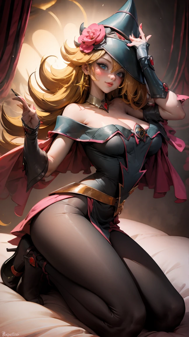 (masterpiece:1.2), (The best quality:1.2), perfect lighting, Dark Magician Girl casting a spell, in battle. floating in the air, visible medium tits, transparent neckline, blue robe, big hat, from above, Sparkles, Yugioh game, The magic of the heart. LIGHTS OF THE HEART, romantic heart. She wears gold heels. In heels. heels 