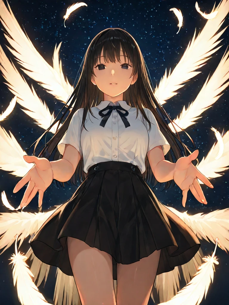 ((Biologically correct limb count))、((A photo including the knees and face))、4K、masterpiece、((Focus on the face))、((Symmetrical facial features))、Beautiful woman、Excellent style、(High heels）、Facial detailing、((shirt)、skirt）、Aerial swimming、A lonely look、１First Name Woman、(((Magical girl)))