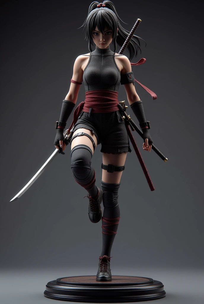 Japanese woman, long hair, leather suit, muscular body, holding sword, scarf on head.