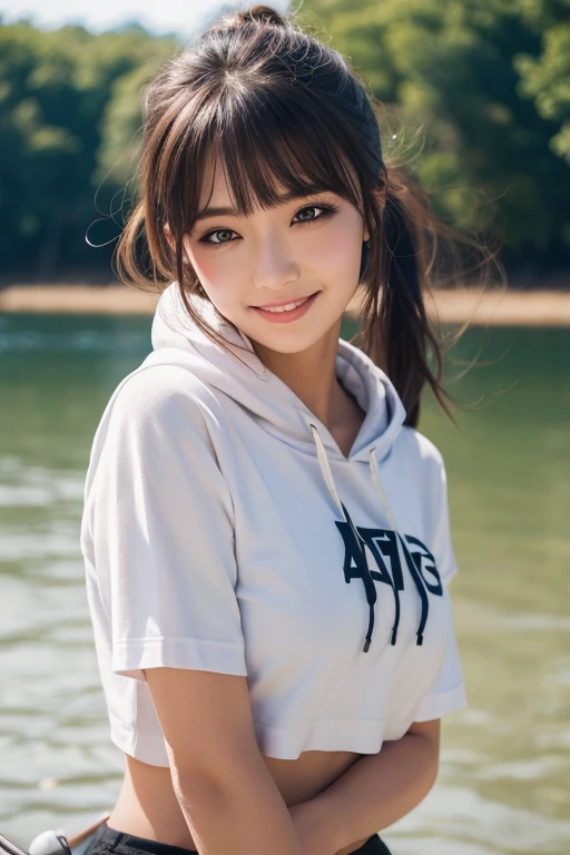 medium shot, medium shot, depth of fields, Bust, Upper body, Cinematic Angle, masutepiece, Best Quality, super detailed, nffsw, 8K Wallpaper, Pretty Face, Delicate eyes, maidennurse, Solo, Yellow eyes, Hairpin, White shirt, Black hooded jacket, Black stockings, black over-the-knee boots, Sunset, Detailed water surface, Reflection of the Sun