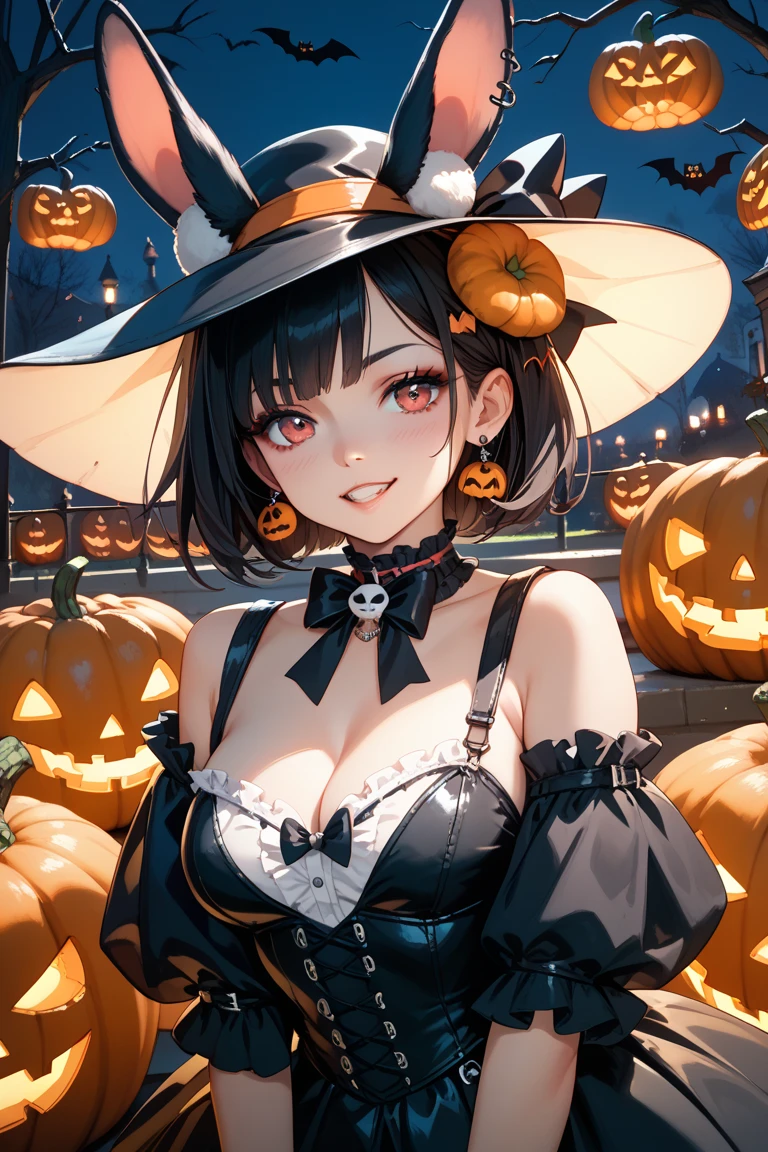 Halloween Hat、close-up of the smile face、close-up of the smile face、Halloween Designer、Halloween Supermodel、makeup、Glossy lips、Shining eyes、(realisitic、hight resolution)、(1 girl in)、Do-Up Eye, caucasion Girl、(Best Quality), (masutepiece), (1girl in), Solo, a beauty girl, Perfect face, Highly detailed airbrush art((Surreal))、Volumetric lighting、(top-quality)、The ultra-detailliert、Highly detailed colorful details、(Bright lighting)、dynamic compositions、ultra-detailliert、nffsw、Her eyes are glowing pink、Background Halloween、pumpkins、((short black hair)), ((pink eyes)), ((huge breasts)), ((giant breasts)), ((black hair)), ((short hair)), ((hair bob))