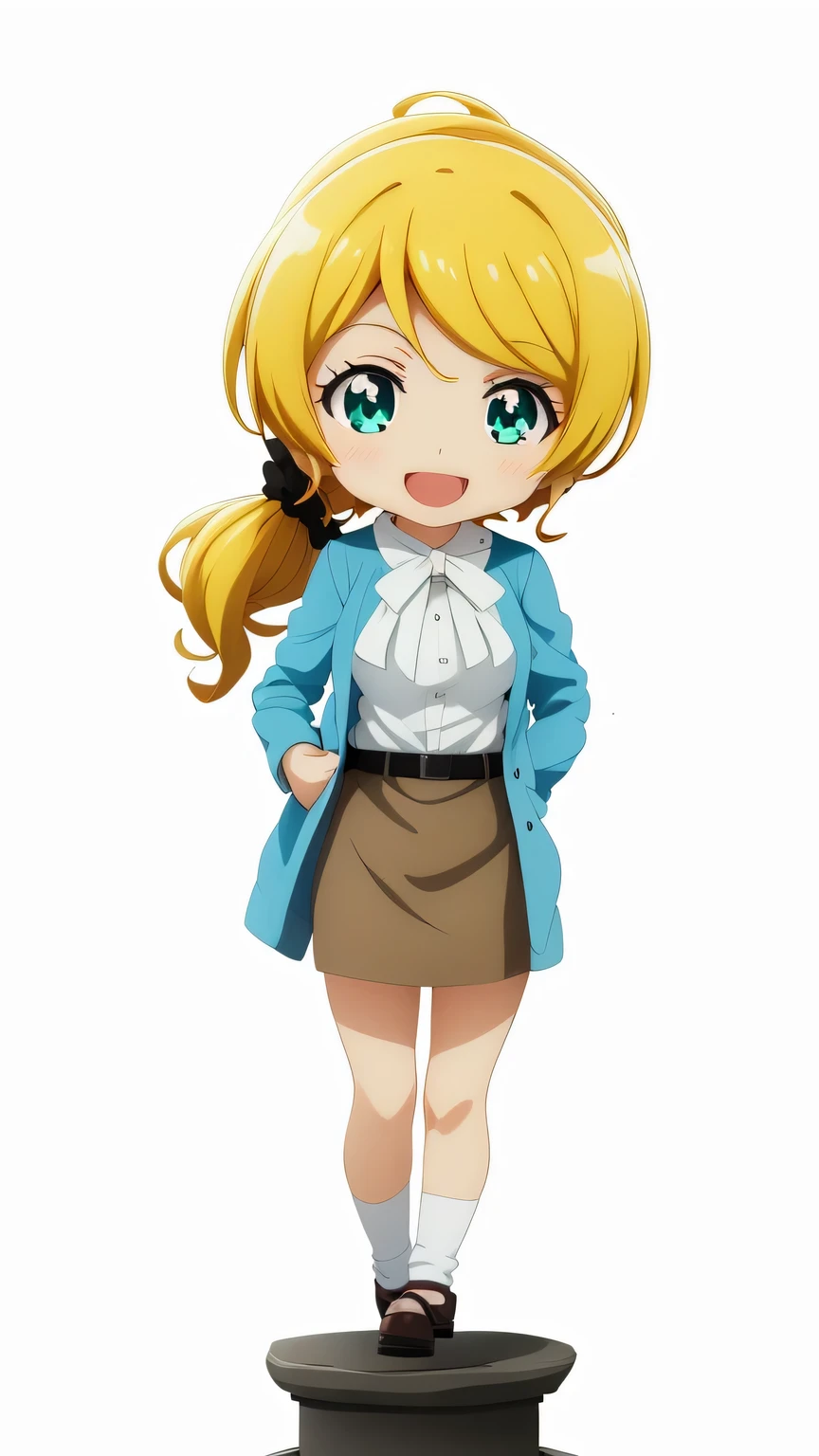 {{{masterpiece}}}, (best quality:1.5), (ultra-detailed:1.5), {illustration}, {{an extremely delicate and beautiful}}, (beautiful detailed eyes:1.6), absurdres, highres, extremely detailed face, 16k, hd, visual anime de uma jovem mulher, extremamente bonito rosto de anime, anime melhor garota, (perfect hands, perfect anatomy), anime face, Ellen Baker(NEW HORIZON), 1girl, solo, cute face, blonde hair, long hair, hair scrunchie, green eyes, black pupils, bright pupils, gradient eyes, medium breasts, thin waist, big hips, curvaceous, light blue jacket, long sleeve, open jacket, white shirt, brown skirt, mini skirt, BREAK, nendroid, (chibi:1.3), full body, smiling, open mouth, (Standing on a disc-shaped pedestal:1.5)
