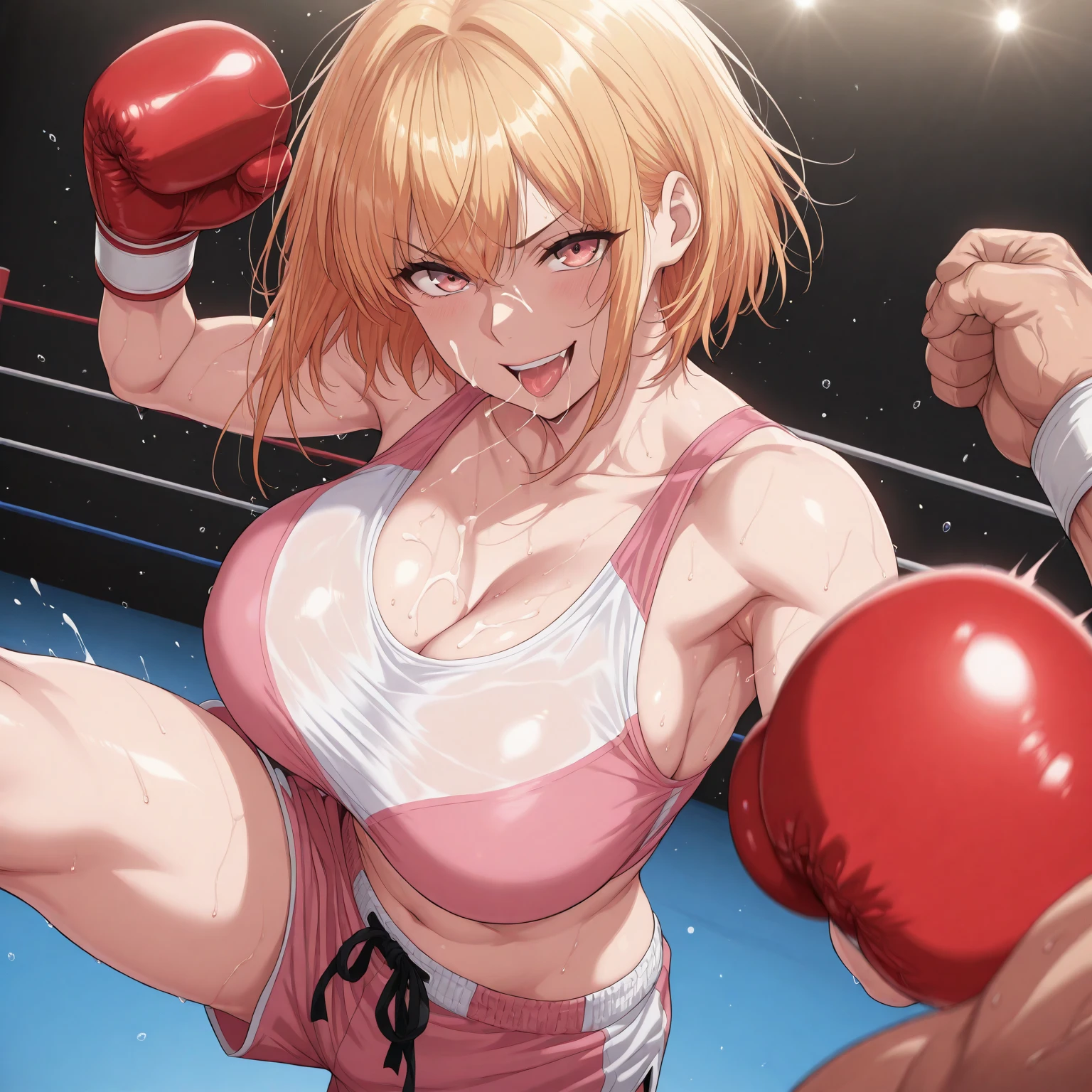Anime illustration, woman, Big breasts, blonde hair, arrogant, born, in a pink sports bra, in pink sports tight shorts, in white stockings, in pink boxing gloves slightly stained with blood, stands in the boxing ring in a winning pose