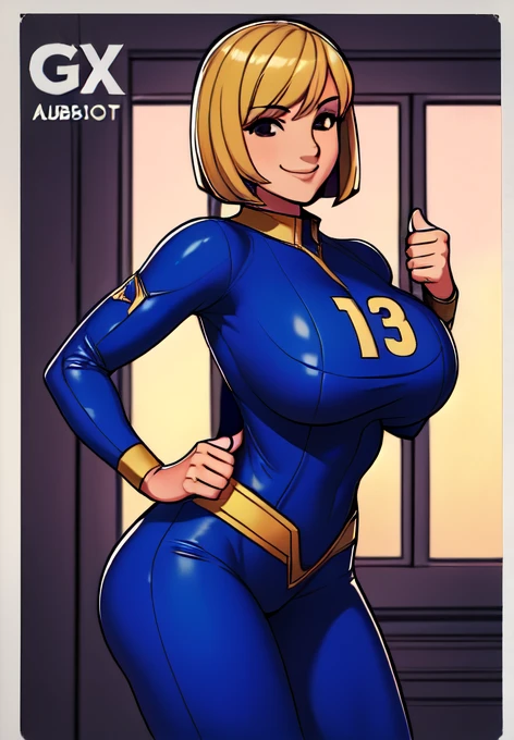 <lora:VaultGirlV2-000012:1>, Vault_girl, blue_and_yellow_Vault_Jumpsuit, Unzipped_jumpsuit, 1girl, breasts, cleavage, solo, blonde_hair, short_hair, sweat, black_eyes,
