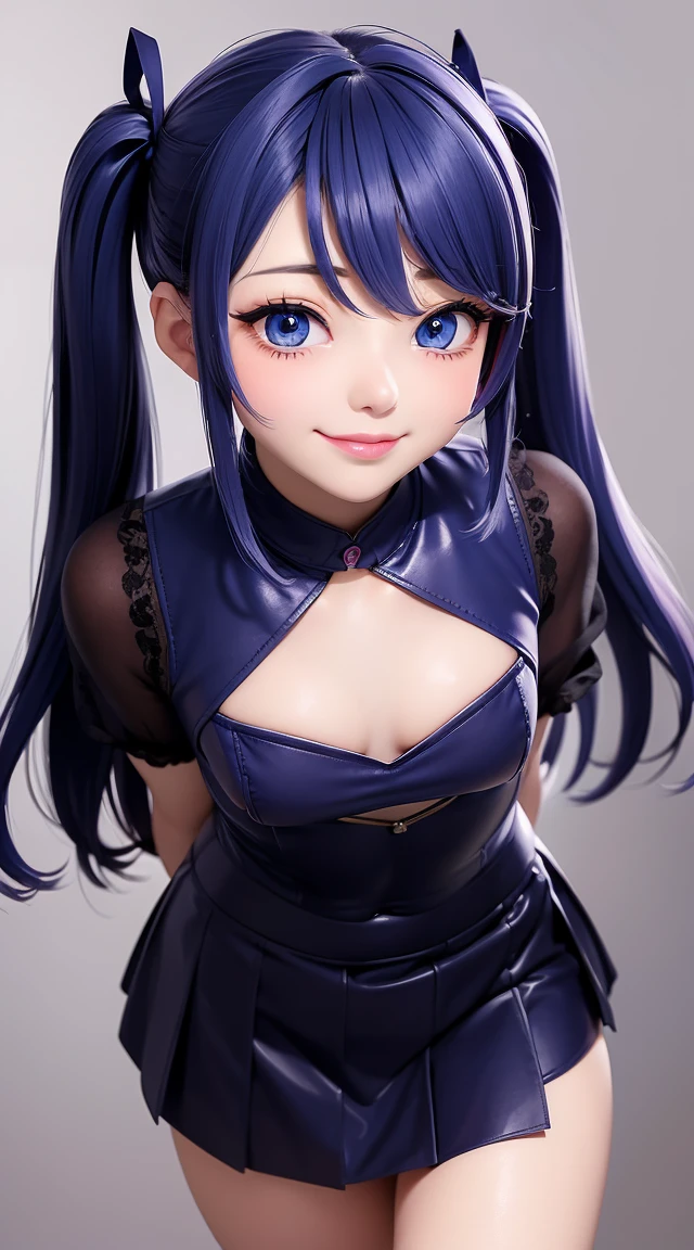  (masterpiece:1.3), (Best Quality:1.3), (Ultra-detailed:1.2), ((kawaii)), Cute, (lovely), ((sexy)), ((Extremely detailed)), 4K, (8K), Best Quality, (Beautiful), Illustration, anime style, (bold line:1.2), Gradation, looking at viewer, //, (bent down:1.1), (arms behind back), //, a cute girl, 1girl, (solo:1.2), gleaming skin, //, (flat chested), (Perfect eyes:1.2), (Perfect iris:1.2), //, darkblue hair color, (beautiful eyes) //, (half closed eyes:1.3), (sexual expression:1.2), Fascinated expression, smile, (blush:1.2), //, modern city background, on rock, twin tails, muscle girl, hard abs, exposed abs, NECKLACE, gothic dress, skirt