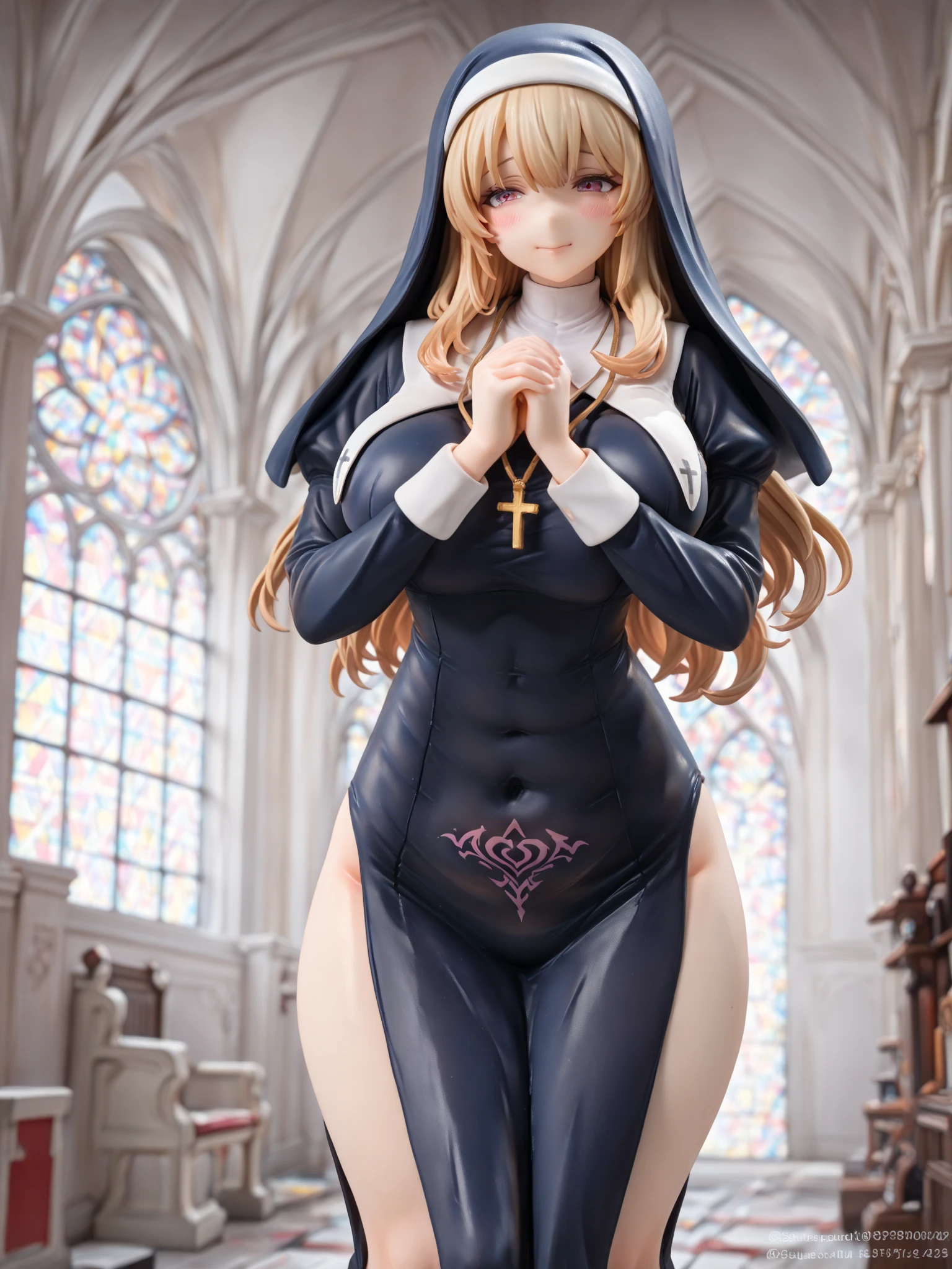 wide hips, smile, SwordMaidenNDV, 1girl, blonde hair, large breasts, long hair, white dress, black blindfold, necklace, habit,,full body,standing,jewely,,veil