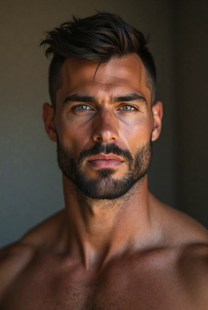 masterpiece, best quality, high resolution, closeup portrait, male focus, solo focus, A man, 50 years old, with military clothes, unbuttoned uniform, soldier, blonde bleached hair, messy hairstyle, cute and seductive face, bare chest, body hair, facial hair, roman nose, very skinny body, hairy legs, dimples, beard, bold jawline , in the background a millitary camp and other soldiers, view from below, amazing composition, front view, HDR, ultra quality, elegant, highly detailed
