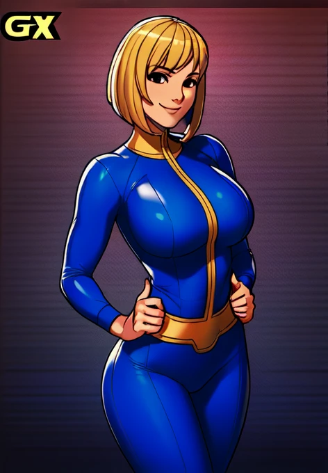 highest quallity, high resolution, e18, 1 girl, android 18, standing alone, golden hair, blue colored eyes, shorth hair,aretes,breasts big, scowl,blush, sweat,Black tight suit,vague,I put my hands on my hips.,gazing at viewer。