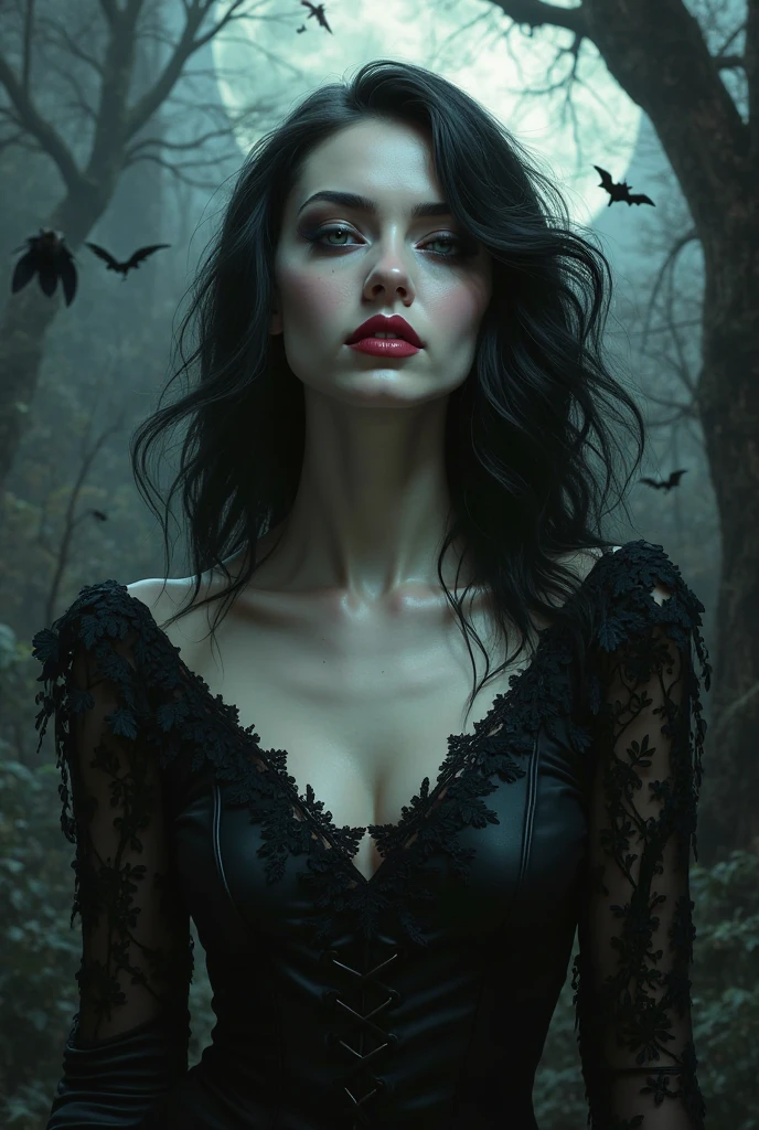 beautiful woman, fashion model, wearing provocative, sexy, beautiful, detailed fashion design clothes, looking at the sky in a provocative sexy fashion pose, inside a dark forest, with burned trees all over hair, and volumetric light coming from behind, perfect face and body, gloomy scary atmosphere, fog in the ground, dark style, hyper-realistic, 8K, black and white image with only colored red lips, full body, far view,
