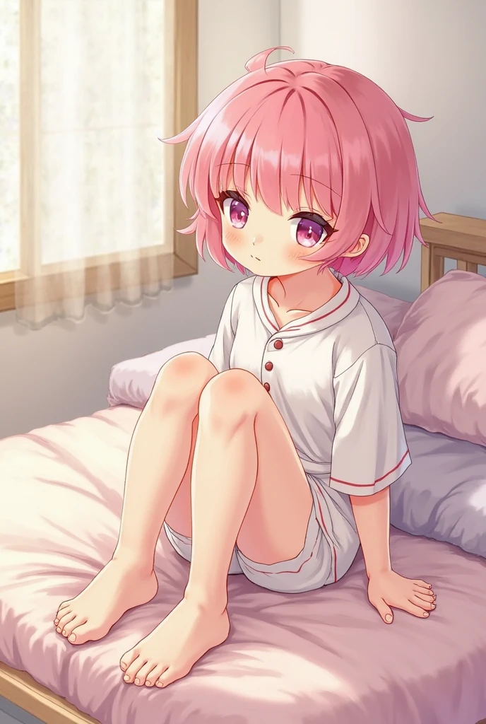 (knees together feet apart, sitting, panties, pantyshot), madoka kaname, Pink Eyes, Pink Hair, short hair, Twin tails, on bed, bedroom,