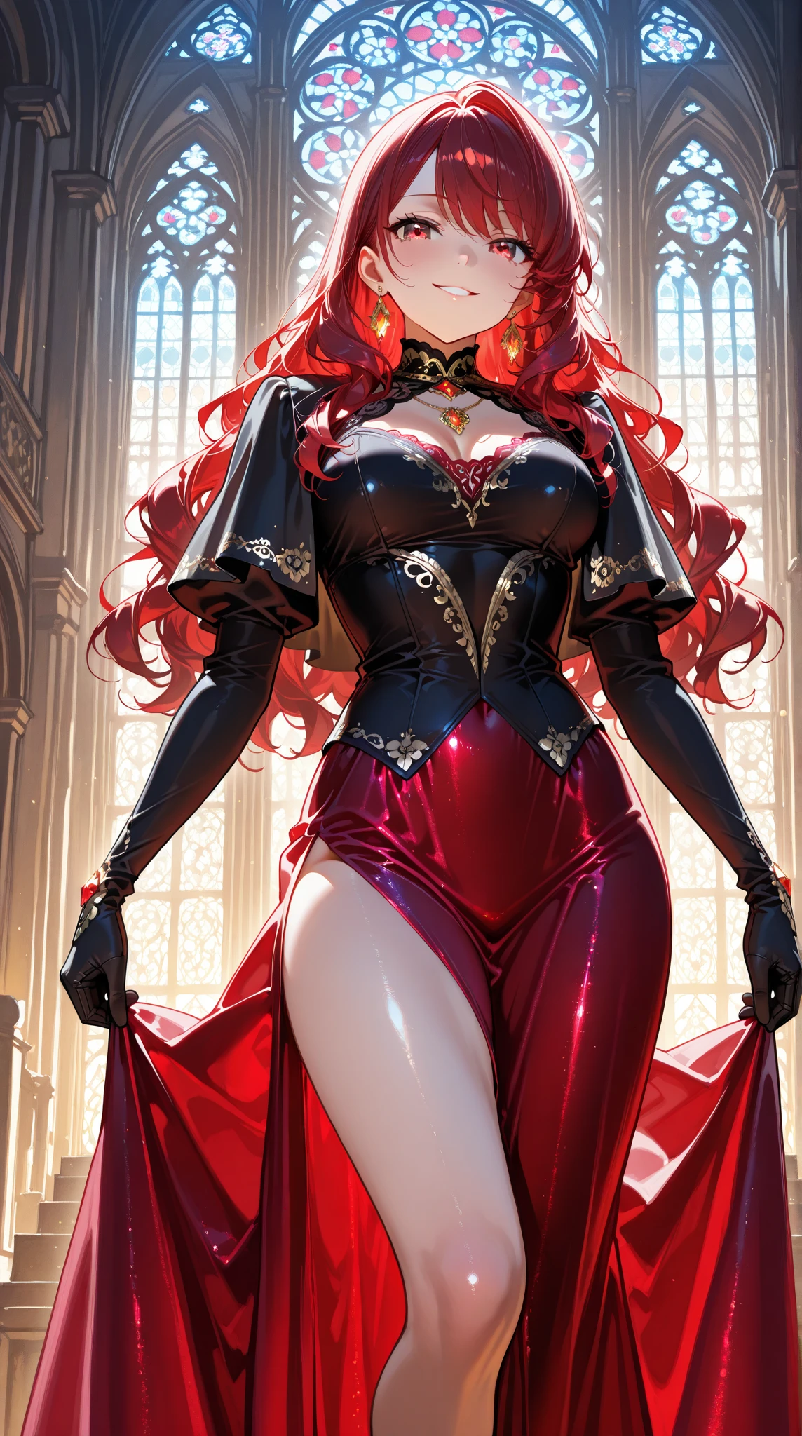 full body portrait, 2d, anime, hentai, dark theme, black background, white skin, caucasian, woman, youthful adult, college age, 23 year old, standing, arms behind back, ballgown, long dress, luxurious dress, thighhighs, cleavage, see-through, translucent clothing, straps, bdsm, huge breasts, narrow waist, wavy hair, (very long:1.2) bright red hair, blue-green eyes, natural eyebrows, [Colombian], (looking at viewer, neutral expression), ear piercing