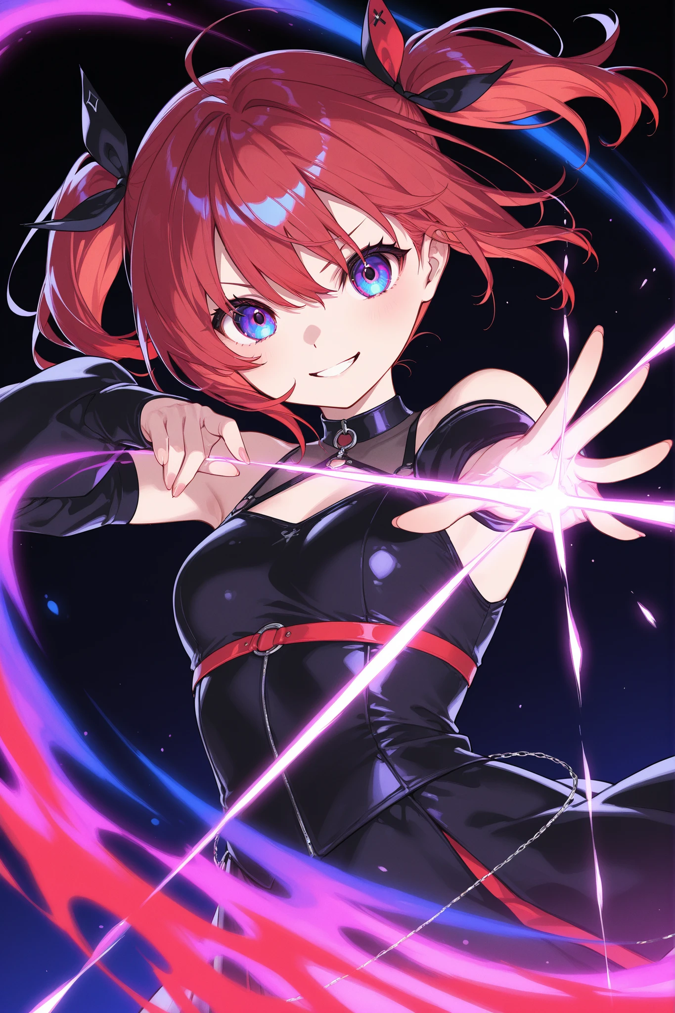 emphasizes vibrant, saturated colors to create a lively and visually striking image,stylish、Red hair、SHORT BOB、side twin tails、Cheerful Girl