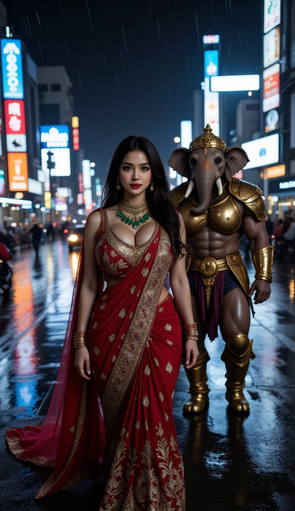 Voluptuous priestess with tattoos and percings on her body and an Iron Man mask outside a Hindu temple Ultra-realistic photo --auto