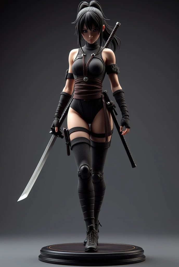 Wide hip, Perfect waist cut, belly muscle, Large breasts, Warrior girl with a fantastic scimitar on hand, Skimpy organza clothes ,dark blue hair with red highlights, (perfect nose), Seductive gaze, Boots on high heels (Best Illustration), 8k Resolution, Intricate Details, Best Quality, Realistic, Ultra Detailed, Best Lighting, Best Shadows, Ultra HD, A Necromancer style, Night, Magic, Dark Style, Vampire, (shining red eyes:1.6), masterpiece, high_res, Beautiful face, tyndall effect, photo realistic, (high detailed skin:1.2), 8k uhd, dslr, high quality, Photograph, high resolution, 4k, 8k, Bokeh, absurdres, ponytail contorted, best ratio four finger and one thumb, front view, dark blue hair gorgeous, perfect proportional skinny fitness body, full body view, wet skin, wet clothes, dark cathedral baground scenery, huge bobs