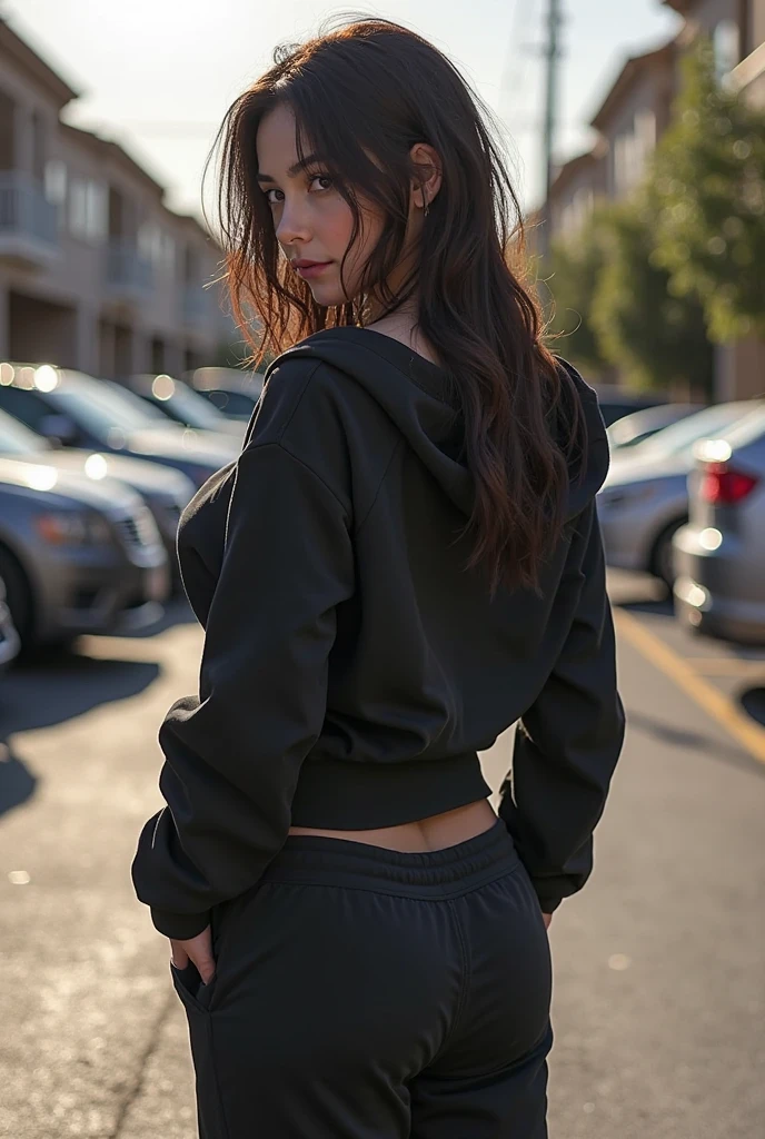young woman looking at the camera, black sweatshirt, city, bright sunset