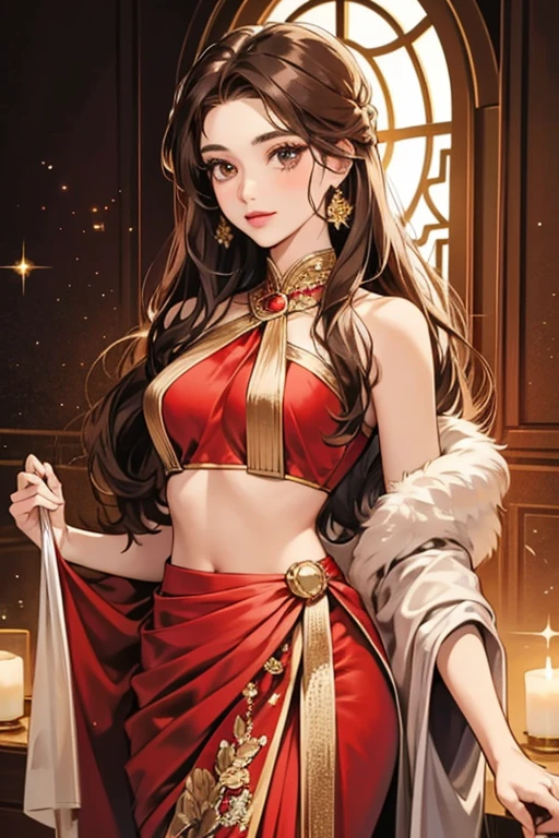 brunette wavy hair，Red Sari，black eyes、Indian elements,Brown woman、plump body shape、Cow horns on the head