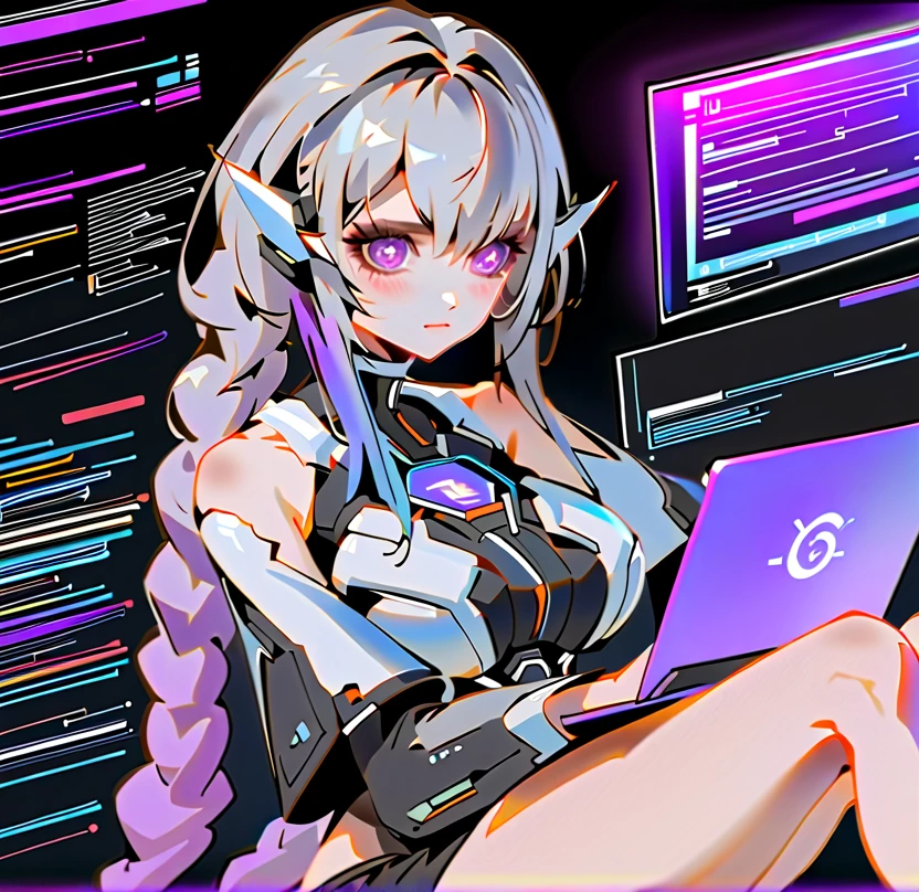 best quality, super fine, 16k, incredibly absurdres, extremely detailed, delicate and dynamic, (purple eyes and braided low twin tails with gradient from white to purple at the ends), background analyzer room lab, various image effects, bodysuit, looking at computer screens
