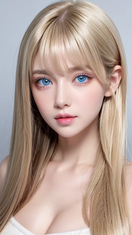 Very beautiful face、Super Long Hair、windy silky blonde super long hair、Swinging bangs、19 year old cute sexy blue eyed blonde girl、Hair above the eyes、片Hair above the eyes、Hair between the eyes、Big bright blue eyes that sparkle so beautifully、eyeliner、Bright expression、