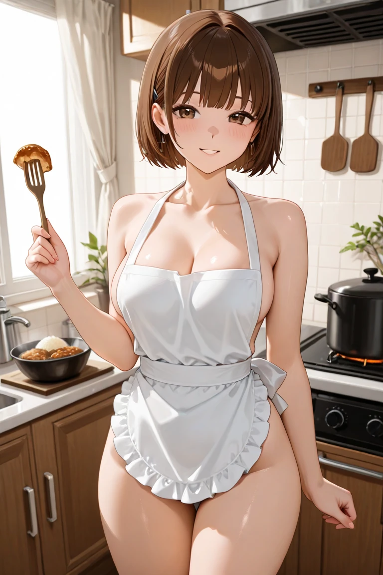 (((masterpiece, Highest quality, High resolution, 超High resolution, Perfect Pixel, Depth of written boundary, 4K, RTTX 10.0))), Beautiful Anime Woman, Beautiful art style, Anime characters, ((Smooth texture, Realistic texture, Anime CG Style)), Exact finger count、Exact number of legs、(Exact number of arms:1.0, Exact number of hands:1.0), (Perfect hands, Perfect Anatomy), Cinematic, Realistic, Extremely detailed CG, Daytime lighting, Perfect lighting, Best Shadow, The best natural light, whole body, Perfect body, バランのとれたPerfect body, Perfectly balanced style, Slender body, ((Long Hair, bangs, Reddish brown hair, ponytail)), ((A cute adult woman is cooking:1.8)), (pussy juice:1.5), ((Bow tie around neck:1.3), (Sexy and cute yellow underwear:1.3), (Stylish shiny yellow satin panties, Side-tie panties, Panties with plain yellow center and lace decoration on the sides:1.3), (Thin panties:1.3), (Yellow micro lace satin bra, Yellow bra with lace trim, Thin bra:1.3), (garter belt, Garter Strings, Knee socks:1.3):1.3), (Beautiful big , Cleavage:1.1), (Embarrassed expression:1.7), blush, (Stylish kitchen, In the middle of cooking, Dishes lined up in the kitchen:1.5), naked, In underwear, (A maid-like frilly headband:1.1), Angle from the front