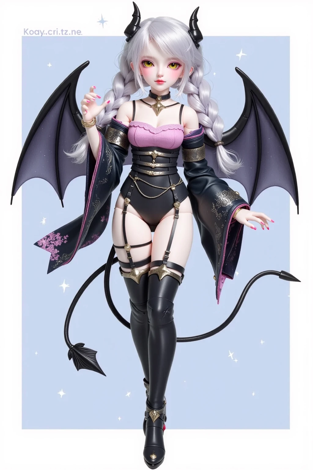 best quality, masterpiece,ultra detailed, official art,(extremely detailed CG unity 8k
wallpaper), (masterpiece), best quality, illustration, (powerful), art oflight, artist style, beautiful detailed star sky,(((bat print))), (cygames:1.4), (dark flame:1.3), Japanese light novel cover, grand scene, dark bodysuit,((fullbody)),((succubus tail)),
(beautiful detailedgirl), (((solo))),(((full body))),wet skin, (((demon queen))),
metal, complex pattern, beautiful detailed hair,red luminous eyes, longeyelashes,
((constricted pupils)),pointy ears, slit pupils,silver long hair,beautiful collarbone , (purple tattoo), (tattoo on leg), tattoo on arm, luminous gem on chest,(demon heart tail),demon fang, pointy ears,
((purple long fingernails)),(bat decorate soft armor), ((bat decorate high heels)),giant bat wings,(fingerless_gloves), bat print black garter belt, (elbow_gloves),fang out, a group of
bats, ((endured_face, open mouth, seductive smile, )),lingerie,
bat decorateanklet,bat decorate body,(presenting foot), (luminous tattoo),(queen),useing magical, (beautiful detalied hands), nfsw, (((pink steam from full body ))), ((2legs)) , ((neck biting)),