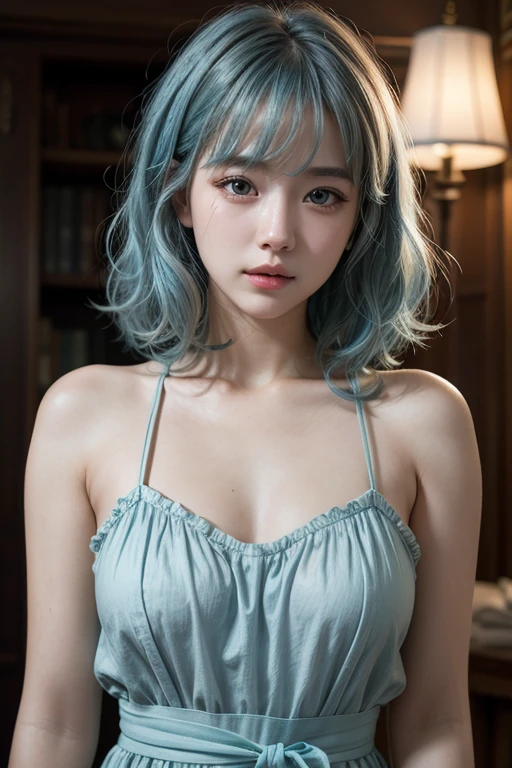bare shoulders, detailed (((loose))) transparent cyan shirt, medium breasts, ideal breast, stunningly beautiful, mint bob hair, blush, humble, park background, half body portrait, highly detailed. Cinematic lighting, nsfw 1:27