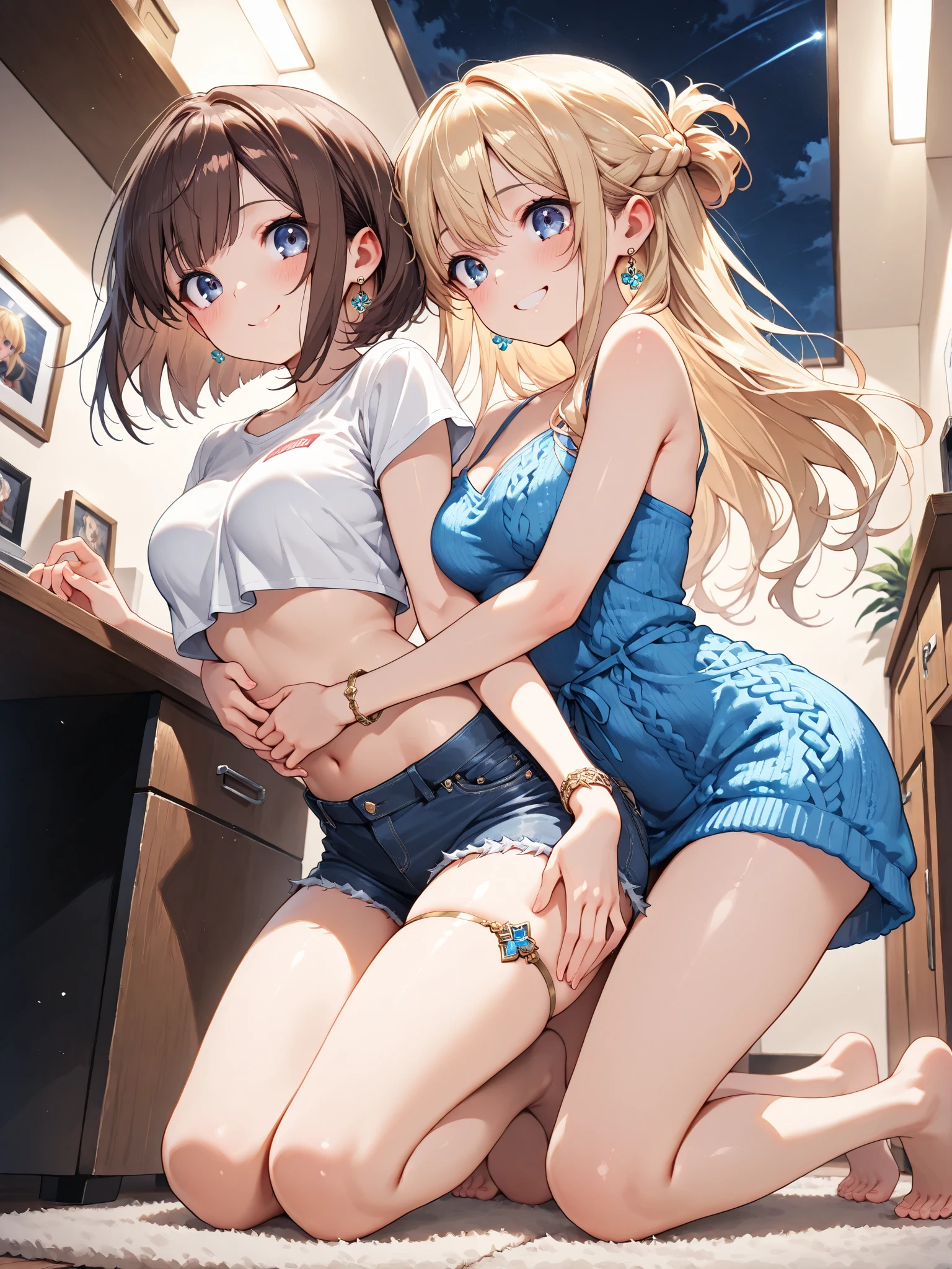 (masterpiece, Highest quality), (((Perfect Anatomy, Anatomically correct))), ((1 Girl)), Long hair, Braiding、Blunt bangs, Light brown hair, happiness, Green Eyes, hair ornaments, School_uniform, short_Dispel, just_feet, blue sky, window, Front view, Insights,The body is slim, Compresses on the chest, ((Beige cardigan,Green pleated skirt、Blue Neck Ribbon、White knee-high socks)),Pastel colored pantiesが見えている、((Pastel colored panties))、((Shiny panties))、((Normal location:1.4))、(((Straddle))),((feetを開いて座らされた…))、((orgasm:1.6)),((((M-shaped legs:1.1))),((Lift up your shirt:1.5)),((Showing off your bra)),(((Lace bra))),Award-winning bra designs、Random Color Bra、((((M-shaped legs:1.1)))、((orgasm:1.3)),((((M-shaped legs:1.1))),(((Sex with a man))),(Vagina Penis),Erotic atmosphere,Stupid,shortness of breath:1.6,((Pussy juice:1.3))