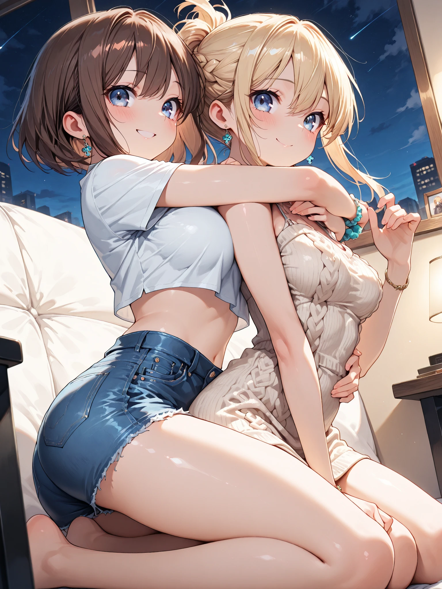 (masterpiece, Highest quality), (((Perfect Anatomy, Anatomically correct))), ((1 Girl)), short hair, Blunt bangs, Light brown hair, happiness, Green Eyes, hair ornaments, School_uniform, short_Dispel, just_feet, blue sky, window, Front view, Insights,The body is slim, Compresses on the chest, ((Beige cardigan,Green pleated skirt、Blue Neck Ribbon、White knee-high socks)),Pastel colored pantiesが見えている、((Pastel colored panties))、((Shiny panties))、((Normal location:1.4))、(((Straddle)))，((feetを開いて座らされた…))、((orgasm:1.6)),((((M-shaped legs:1.1))),((Lift up your shirt:1.5)),((Showing off your bra)),(((Lace bra))),Award-winning bra designs、Random Color Bra、((((M-shaped legs:1.1)))、((orgasm:1.3)),((((M-shaped legs:1.1))),(((Sex with a man))),(Vagina Penis),Erotic atmosphere,Stupid,shortness of breath:1.6,((Pussy juice:1.3))