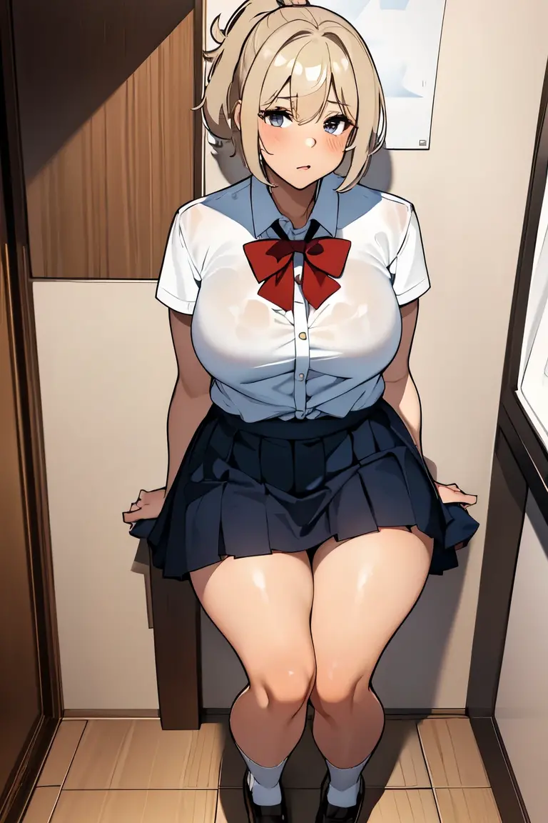 1girl in, Solo, Perfect body, (Super Detail:1.1), (Best Quality:1.1), Cute Girl, (gals:1.5), (White School Uniform:1.2), (tiered layers skirt:1.4), very large breast, centerboob, underboob cutout, bare shoulders, center frills, frills, (a blond:1.2), (Short hair, spiked hair:1.2), Black Ribbon Hair Fastening, (very long eyelashes:1.2), (sharp eye:1.1), (Sanpaku eyes:1.1), (Standing picture:1.1) , (grinning:1.3), Fine-grained skin, (a choker:1.1), (cleavage:1.1), Navel Ejection, a belt on the thighhigh, Sapphire Eye, Shining eyes, (NSFW:0.8), 8K, Skinny Legs, Schools, is standing, (Dark skin:1.3), thin constricted waist, (Peace sign with one hand:1.1), (Loose and sagging white socks:1.5), (from below:1.1),