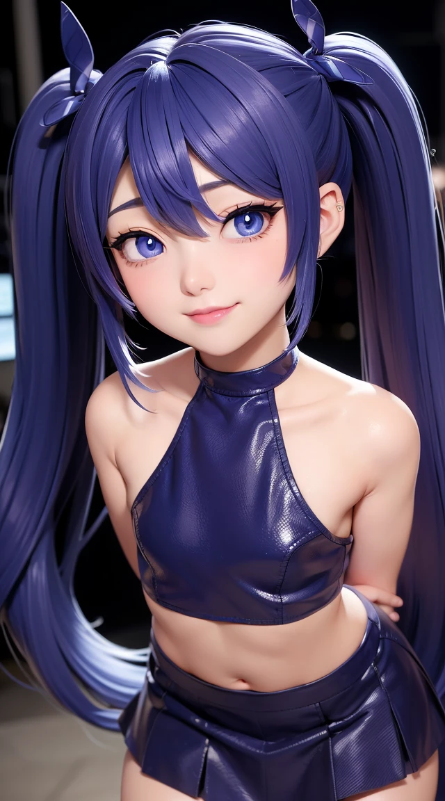 (masterpiece:1.3), (Best Quality:1.3), (Ultra-detailed:1.2), ((kawaii)), Cute, (lovely), ((sexy)), ((Extremely detailed)), 4K, (8K), Best Quality, (Beautiful), Illustration, anime style, (bold line:1.2), Gradation, looking at viewer, //, (bent down:1.1), (arms behind back), //, a cute girl, 1girl, (solo:1.2), gleaming skin, //, (flat chested), (Perfect eyes:1.2), (Perfect iris:1.2), //, darkblue hair color, (beautiful eyes) //, (half closed eyes:1.3), (sexual expression:1.2), Fascinated expression, smile, (blush:1.2), //, modern city background, on rock, twin tails, muscle girl, hard abs, exposed abs, NECKLACE, tight blouse, skirt