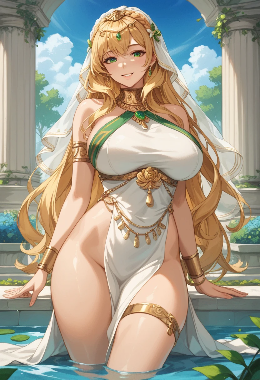 blonde very long hair, red eyes, wearing a sexy pink dress, side slit, ultrasharp, looking at the viewer, ((best quality)), ((masterpiece)), (detailed), perfect face, big breast, sexy body, sexy woman besides her, hugged, An anime scene of two girls hugging and kissing intensely, with hearts and sparkles floating around them as they stand in pool of water