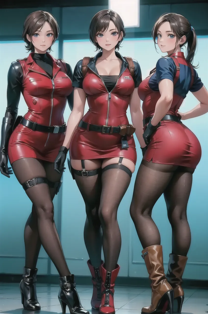 sexy policewoman squad is inside the police station wardrobe room while dressing up very tight clothes on their bodies and gearing up with firearms and handcuffs prepairing for the mission as search for something in the closet, wearing navy blue very tight clothes, sleeveless, dressing up, latex dress or bodysuit, wearing stockings with hooks, garter belt, choker, collar, corsait, short tight skirts, high heel overknee leather boots, tight holster with the gun, handcuffs wearing heavy makeup, intense lipstick and eyeliner, long straight ponytail, showing backs, full body shot, shot from the floor,not looking at viewer,
