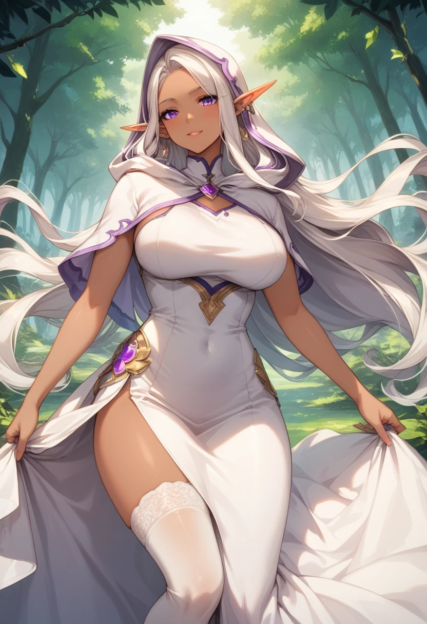 score_9, score_8_up, mystra, mystra \(baldurs gate\), mystra goddess \(baldurs gate\),1girl, solo, long hair, huge breasts, looking at viewer, smile, dress, jewelry, heavy breasts, breast expansion, closed mouth, standing, purple eyes, purple hair, flower, cowboy shot, earrings, outdoors, tree, vivid lips, groin, no panties, glowing, nature, glowing eyes, pelvic curtain, lifting skirt, detailed pussy, wet pussy, phat_pussy, forehead, arms at sides, internal view(ovulating, ovum).
