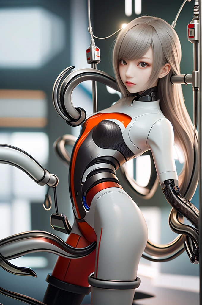 (((​masterpiece)))、((top-quality))、(The ultra-detailed)、8K、(Very noble and beautiful))、Cinematic Light、((1 Mechanical anthropomorphic feline girl, Kat, blonde hair in a ponytail, pink nose, :3, silver fur, )) black ceramic body、luminescent android blue eyes, black sclera 、The cleavage is visible、Single、(Mechanical joint:1.4)、((Mechanical limb))、(Blood vessels attached to tu(Mechanical spine attached to the back))、((Mechanical cervical vertebrae attached to neck))、(Wires and cables attached to the head and body:1.5)、 neon details、Science fiction、full body shot, The background is Cyberpunk City、
