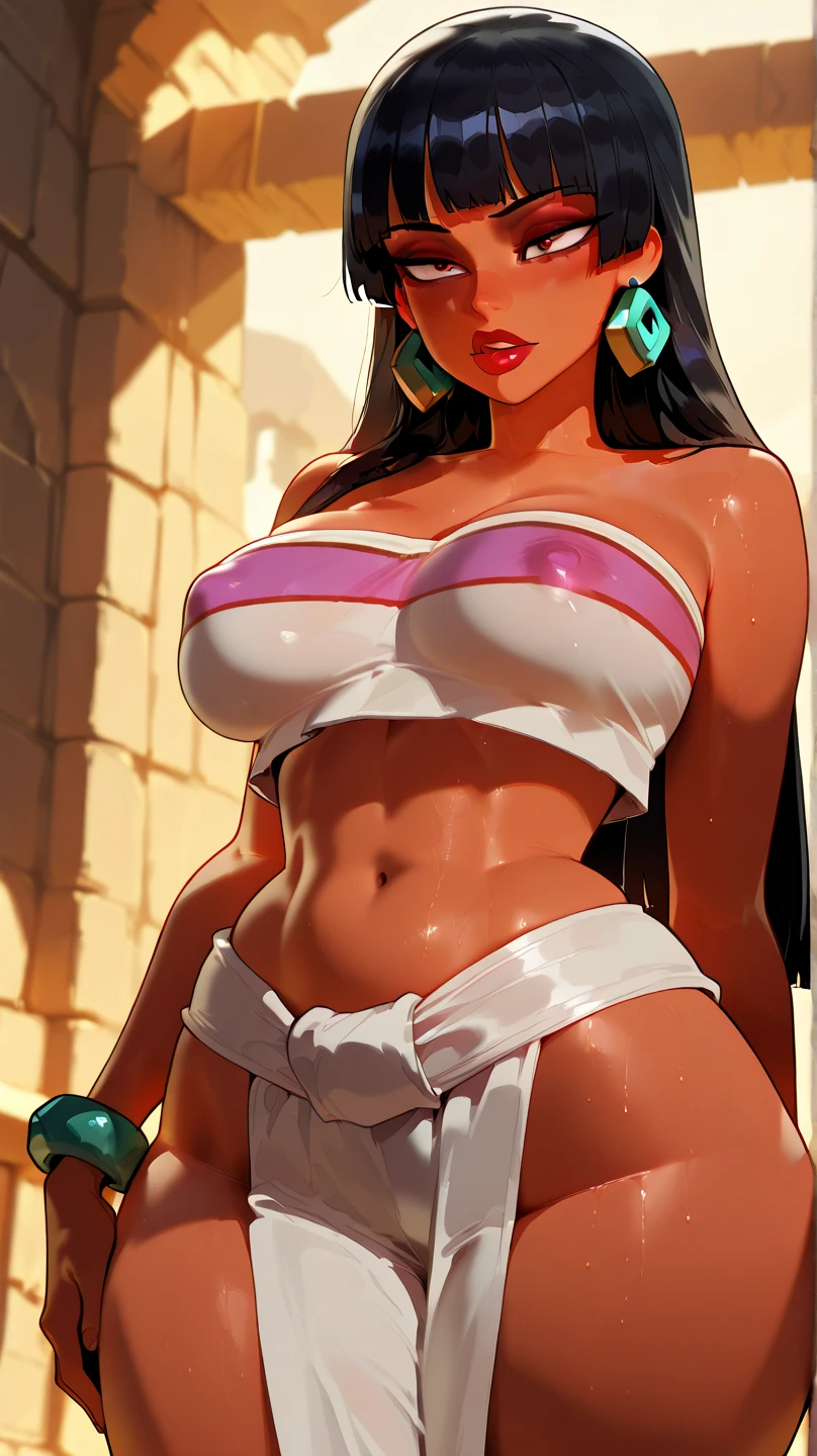 Beautiful girl with big breasts and perfect detailed thighs with high resolution 12k image 1.2 full body, slender, stunning background view , stars, sunset full moon and pre-Hispanic structures