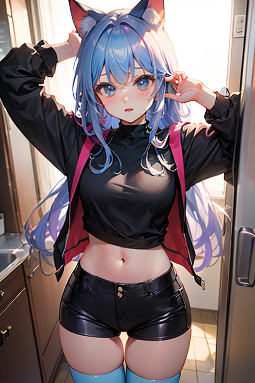 NSFW,masterpiece,Highest quality,High resolution,Super detailed,Star Town Suisei \(Hololive\),Blue Hair,Long Hair,One Side Ponytail,Small breasts,Tank top,cropped,Jacket,Shorts,Embarrassed,blush,(Estrus),sexual excitement,(male),train,(Molester)