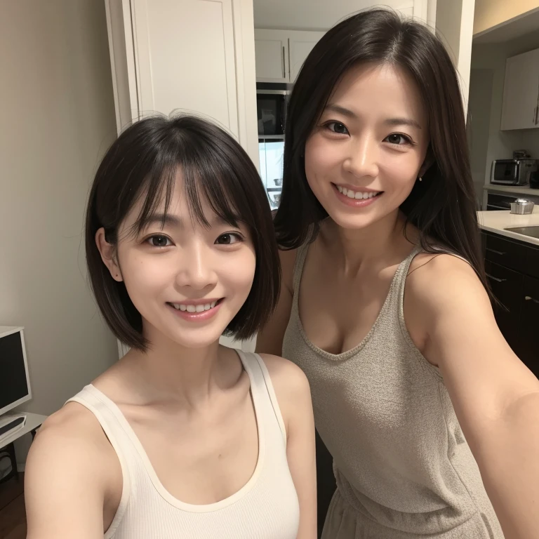 There was a woman sitting in the living room。, 45-year-old female, 4 0 years old woman, 8k selfie photograph, Bob cut,miss korea, Smiling,white sleeveless vest,