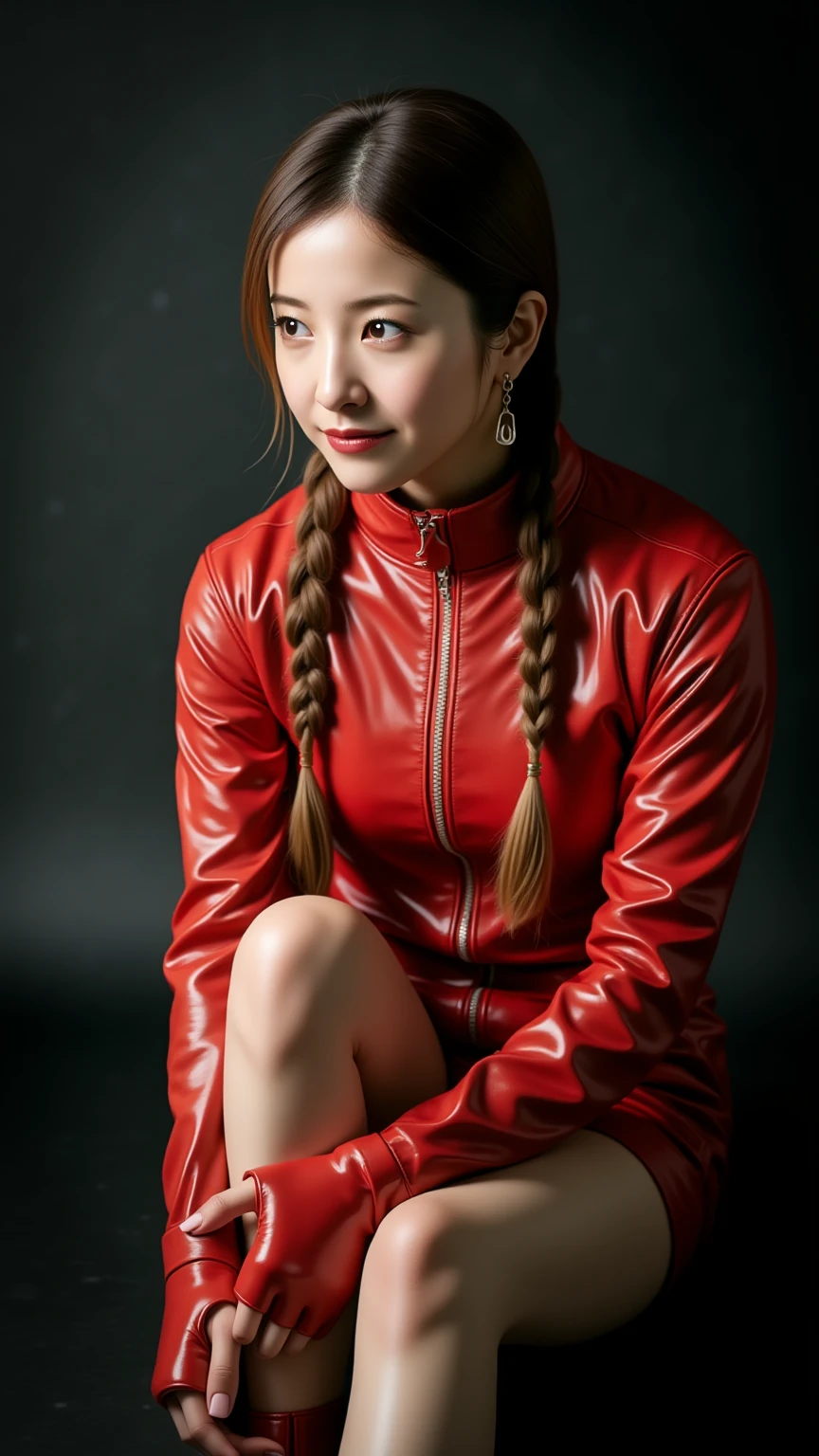 highest quality, masterpiece, Ultra-high resolution,8k, (Realistic:1.6), (Close portrait) RAW Photos, 1 girl,(I'm showing my teeth and smiling)), 22 years old,((Beautiful feet)),((Red suit with necklace and earrings)),((Dreadlocks,Colorful braids)),((From above:1.4)),Face Focus:1.4,((Simple solid color background)), Image Media Chest)),((Smiling with teeth showing)),