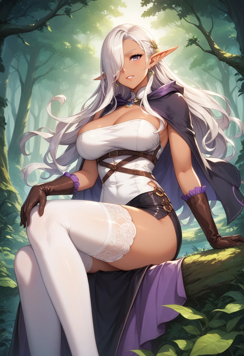 ((masterpiece - artwork - detailed - best quality)) - anime style - genshin impact 1 style female - full body - elf - elven princess - brown hair - long hair - hime cut - blue eyes - weapon - bow - hand - medium breasts - green elf bodice - pink skirt - tight white panties - exposed - legs apart - pink tight thigh high stockings - thigh highs - heels - elf shoe - forest - standing - dynamic pose, stone road - fence - stone - broken