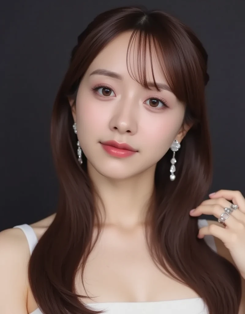 best quality, photorealistic, RAW photo, (highres:1.2), realistic, (photo-realistic:1.37), 1girl, solo, portrait of a girl, face, smile eyes, smile, earring, jewelry, strapless, strapless dress
