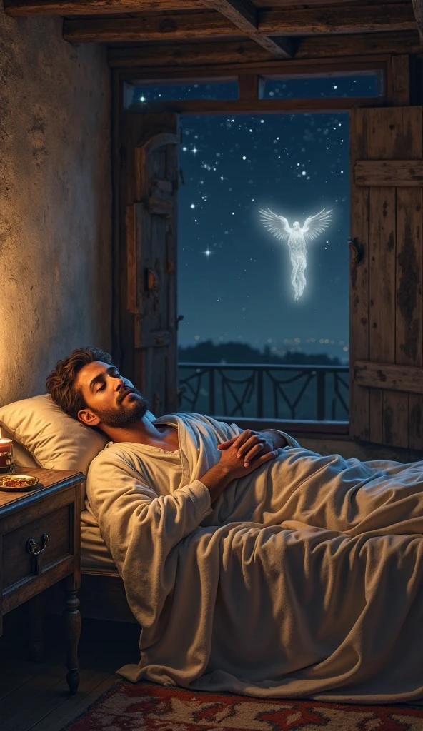 branch 3: Joseph&#39;s Dream Text:
"When Joseph learned that Mary was pregnant, He felt confused and sad. I didn&#39;t understand how this had happened., But since he was a good man, decided not to hurt him. He planned to leave her a secret so that she would not be publicly humiliated.. but, While sleeping, An angel appeared to him in a dream and told him: &#39;Joseph, Do not be afraid to take Mary as your wife, because the child she carries in her womb is from the Holy Spirit.'"

Description for the image:
Jose is sleeping in his carpentry workshop, with wooden tools around him. about him, A shining angel appears and speaks softly to him. The light emitted by the angel illuminates the scene, contrasting with the darkness of the night.